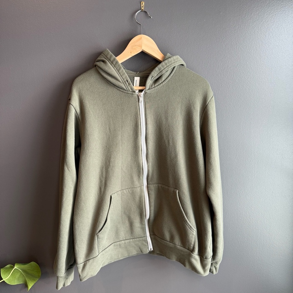 Bella Canvas Unisex Full Zipper Hoodie Olive Green Sweatshirt Size Large